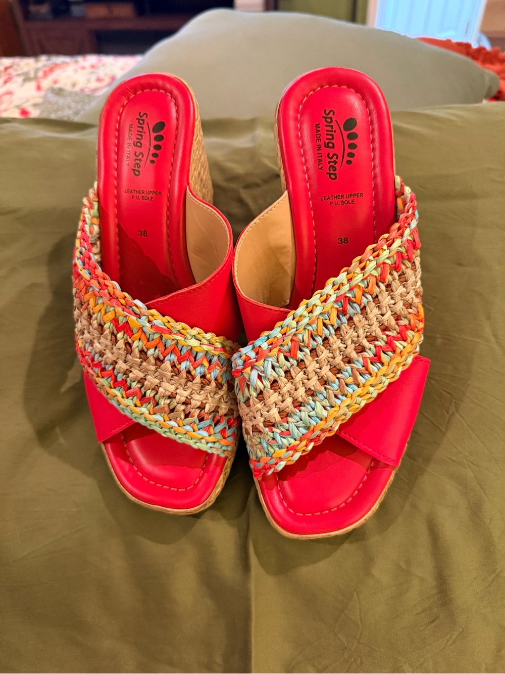 Spring Step Red Multicolor Raffia Wedge Mules